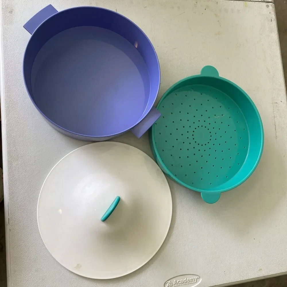 Tupperware Microsteamer Microwave Steamer 3 Piece Blue Green White